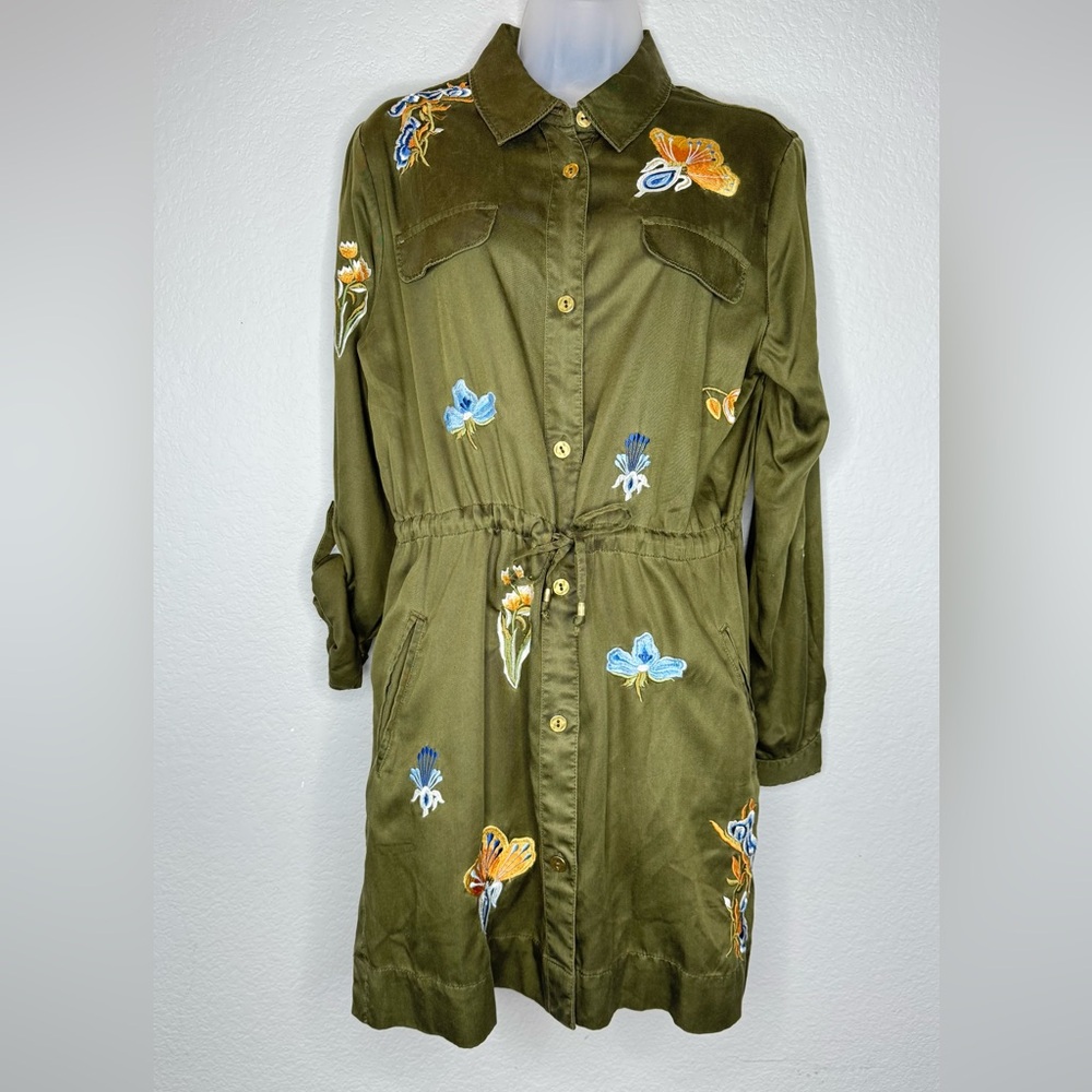 Chico’s Olive Green Embroidered Shirt Dress 1/M Floral Butterfly Utility Style